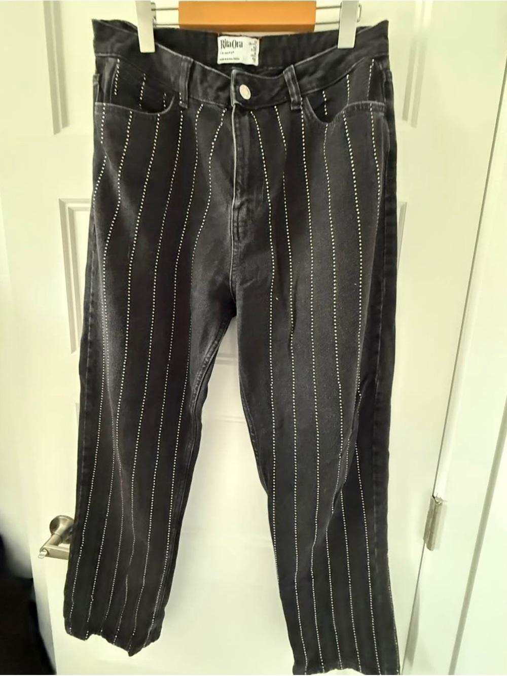 Rita Ora Embellished Vertical-Stripe Black Jeans